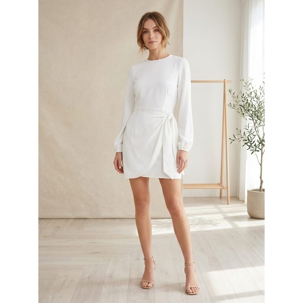 Lulus White Long Sleeve Wrap Mini Dress Crew Neck Tie Waist Size XS